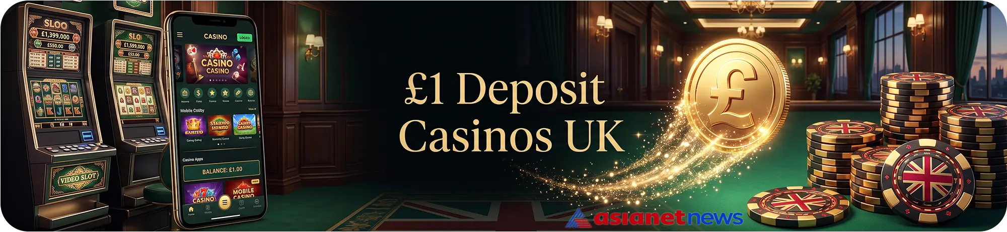 Asianetnews guide to £1 deposit casinos in the UK, featuring a glowing pound coin, a mobile casino application, and stacks of chips with the British flag