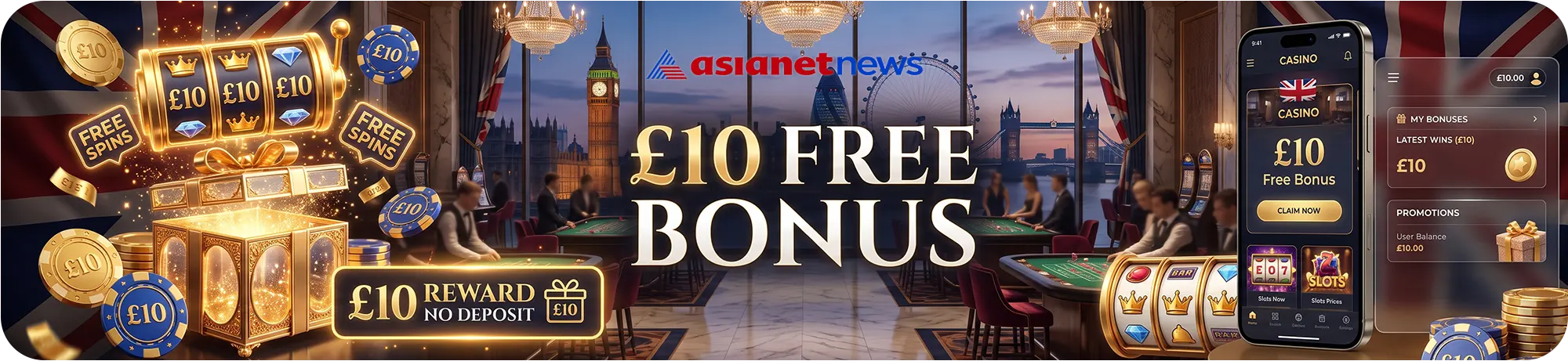 Asianetnews guide to the best £10 free no deposit casino sites in the UK, featuring a luxurious casino lobby and a promotional slot machine bonus