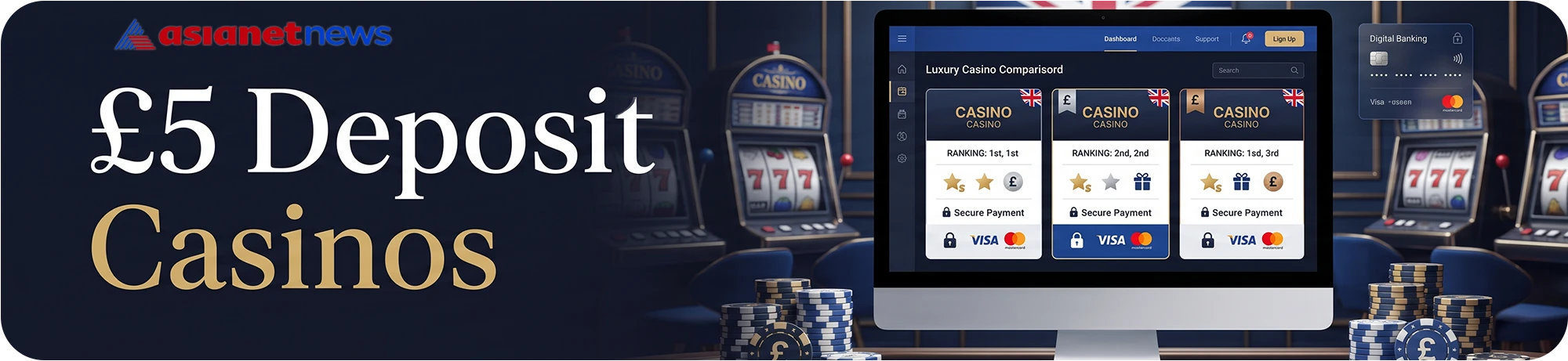 Asianetnews guide to the best £5 deposit casinos, featuring a desktop comparison dashboard with secure payment options and a digital banking interface