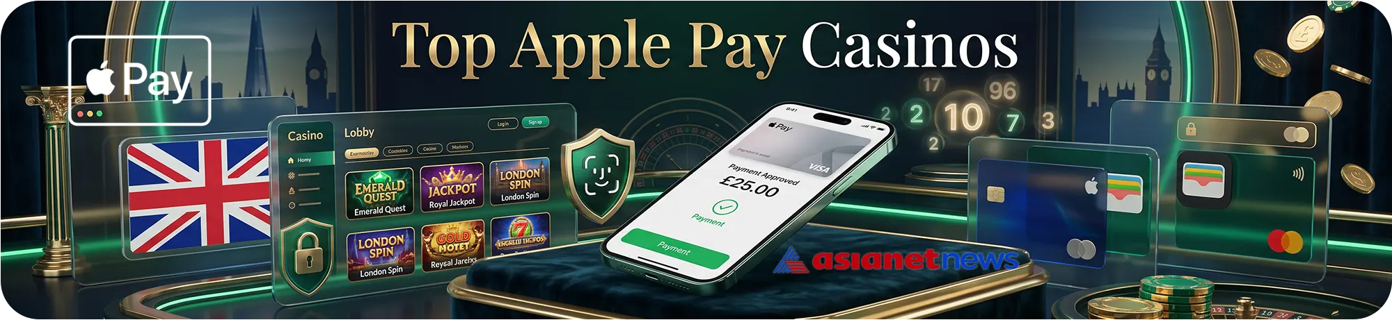 A banner showcasing top Apple Pay casinos, featuring a smartphone with a payment approved screen, British flag overlay, and secure debit cards on a professional gambling table