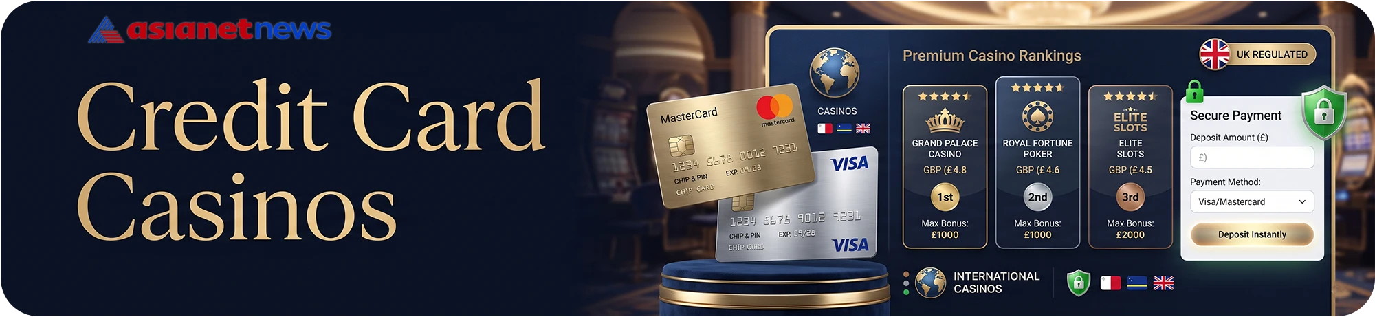 Premium casino rankings interface displaying the best credit card casino sites for international players, featuring gold Mastercard and Visa graphics