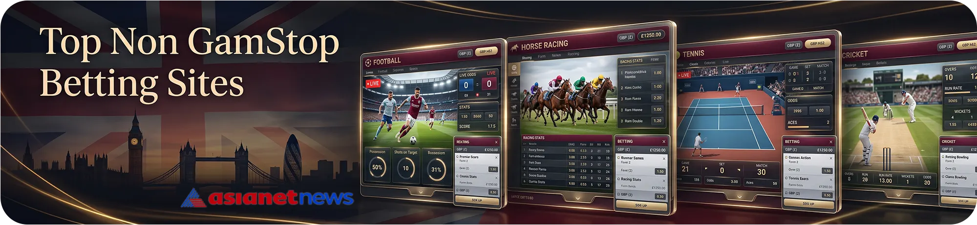 Top non-GamStop betting sites interfaces displaying live odds and sports statistics for football, horse racing, tennis, and cricket against a London background