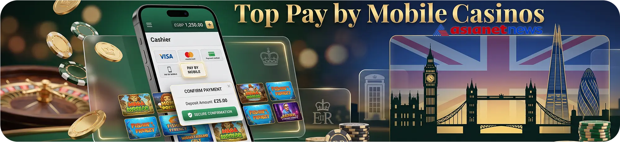 Asianetnews guide to the best pay by mobile casino sites in the UK, featuring a secure payment confirmation interface on a smartphone with a London skyline background