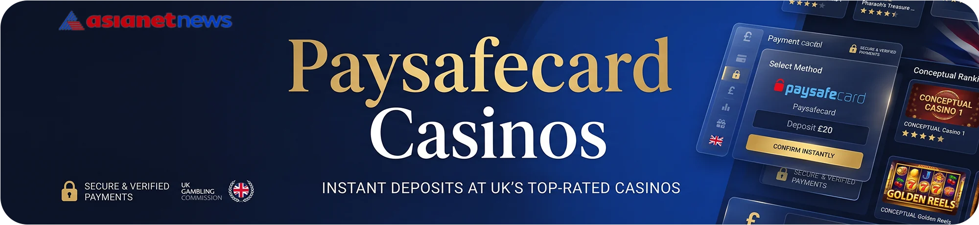 Asianetnews guide to Paysafecard casinos in the UK, highlighting instant deposits and a secure payment interface on a mobile device