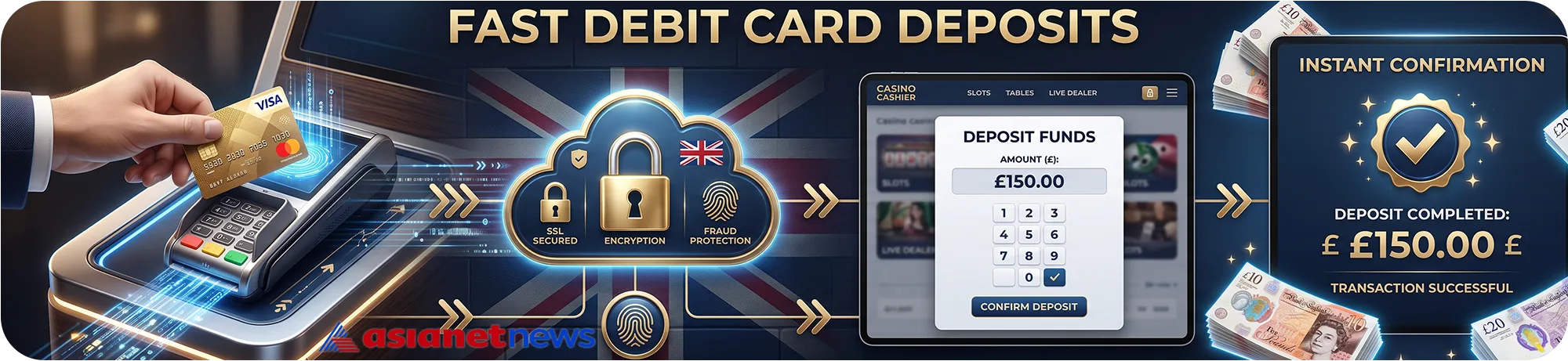 Detailed infographic showing fast debit card deposits at casinos, illustrating SSL encryption, fraud protection, and an instant 150 pound successful transaction