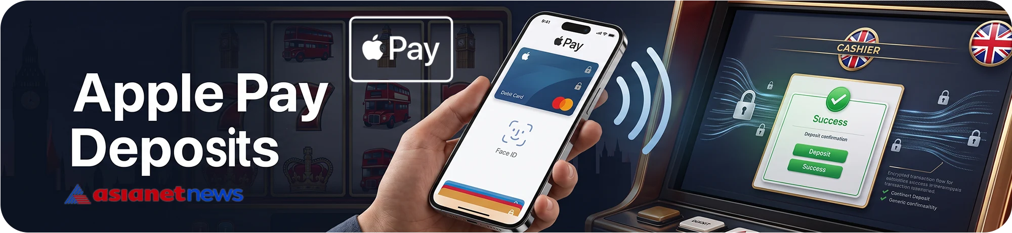 Asianetnews infographic explaining how Apple Pay works at casinos, demonstrating Face ID verification on a smartphone and instant deposit confirmation at a UK-regulated casino cashier