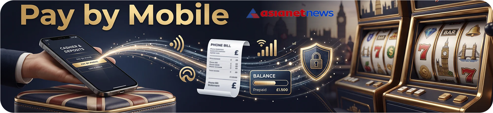 An infographic illustrating how pay by mobile works at online casinos, showing the seamless connection between mobile billing, account balance, and classic slot machine games