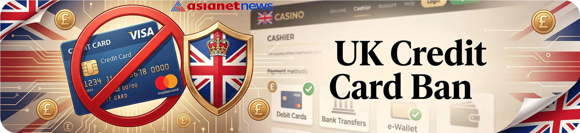 Illustration explaining the UK credit card gambling ban, featuring a blocked credit card alongside a UK regulatory shield and accepted payment alternatives