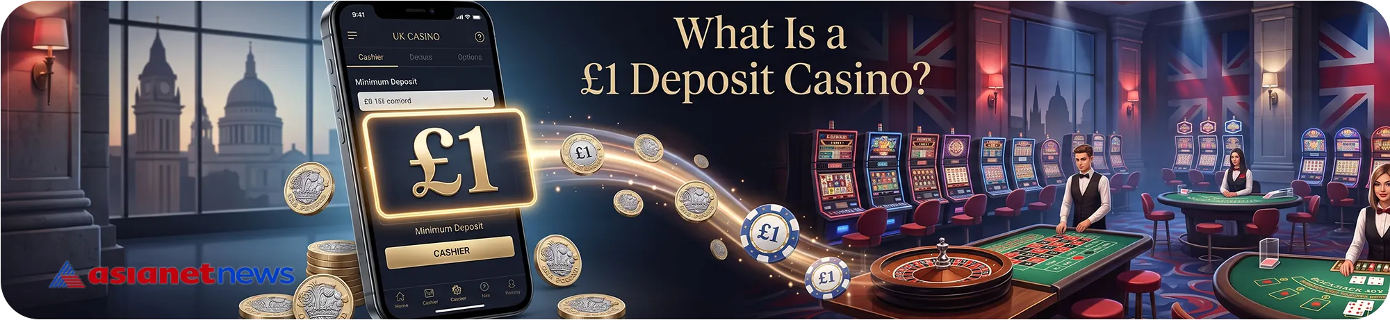 Illustration explaining what a 1 pound deposit casino is, showing a smartphone cashier interface, flying pound coins, and a luxurious gambling floor with a live dealer