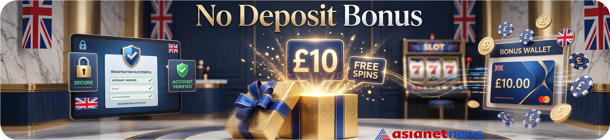 An infographic illustrating a £10 no deposit bonus, showcasing a registration success screen, account verification, and a bonus wallet credit on a mobile device