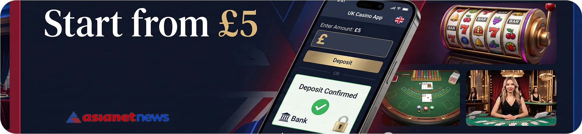 A smartphone displaying a £5 casino deposit confirmation, accompanied by classic slot reels and a live dealer blackjack table.