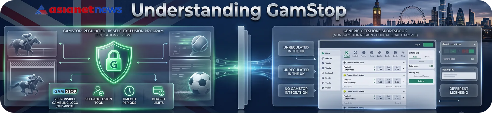 Educational infographic understanding GamStop, comparing the regulated UK self-exclusion program with generic offshore sportsbooks operating in non-GamStop regions