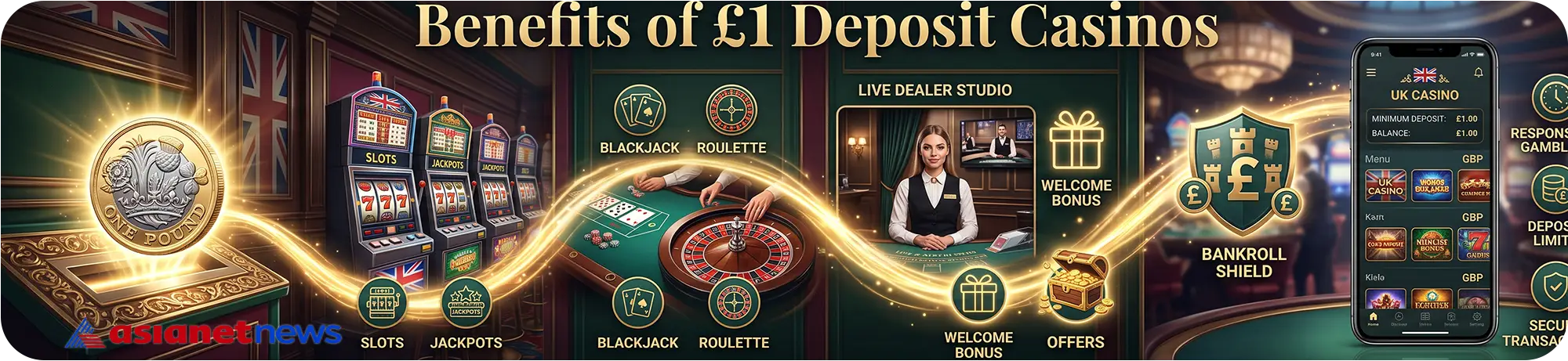 Infographic highlighting the benefits of minimum deposit platforms, displaying icons for slots, blackjack, roulette, and bankroll protection alongside a mobile betting interface