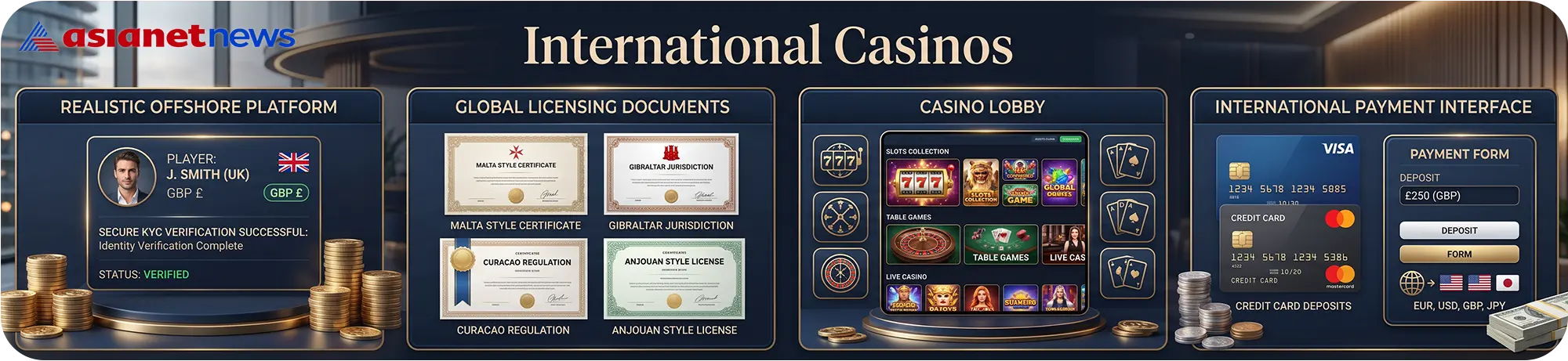 Asianetnews educational guide on how credit card casinos work, showcasing global licensing documents, an international payment interface, and a realistic offshore platform dashboard