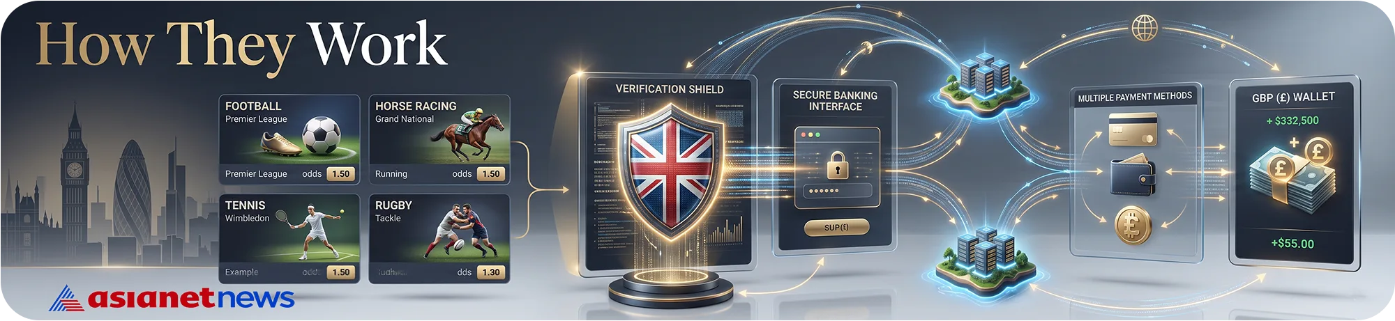 Asianetnews diagram showing how non-GamStop betting sites work, tracking data from live sports odds through a verification shield to secure banking interfaces and multiple payment methods