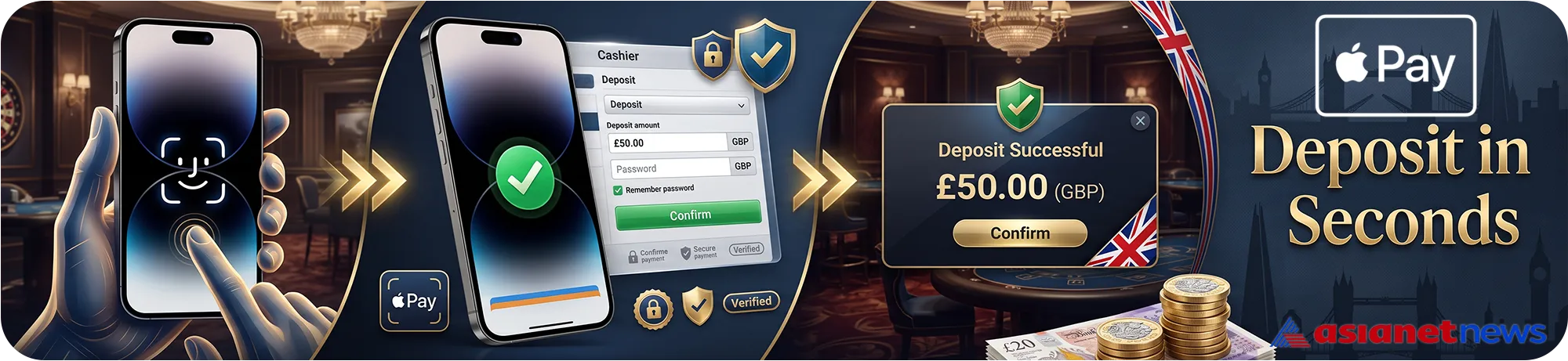 Step-by-step mobile tutorial for depositing with Apple Pay, showing biometric Face ID authentication, a cashier confirmation screen for £50, and instant balance update