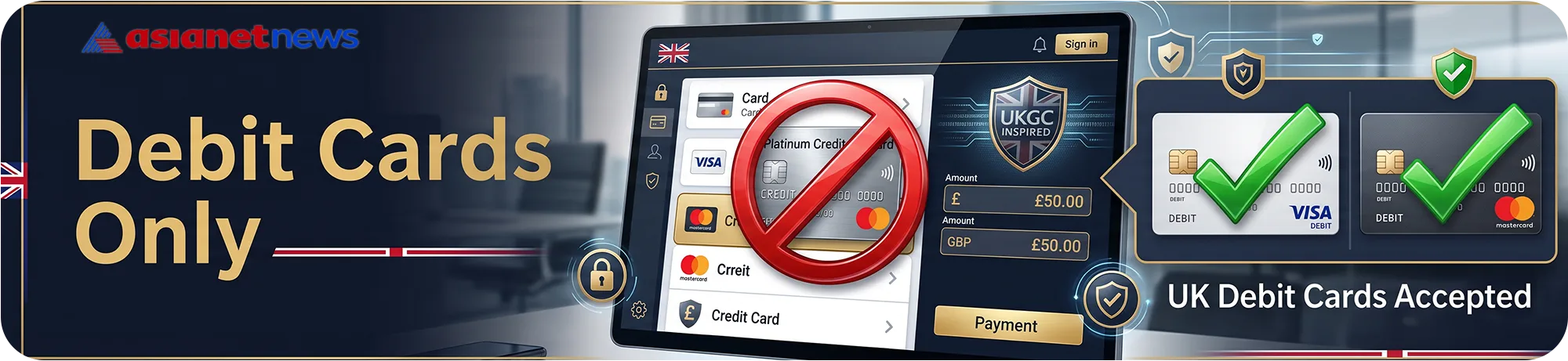 Illustration explaining the UK credit card ban for gambling, showing a blocked credit card next to a UKGC shield and accepted Visa and Mastercard debit alternatives