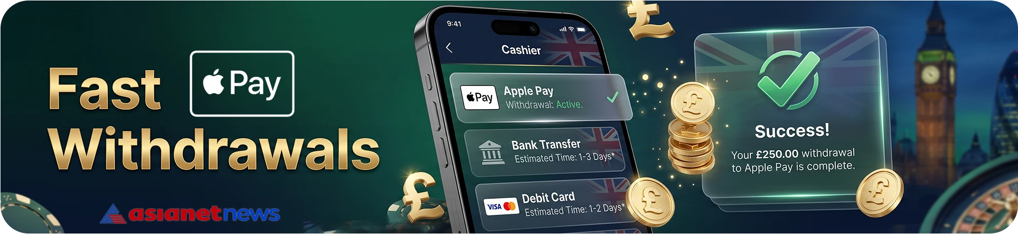 A guide to fast Apple Pay casino withdrawals, showing an active withdrawal status on a smartphone, estimated times for bank transfers and debit cards, and a success confirmation for £250