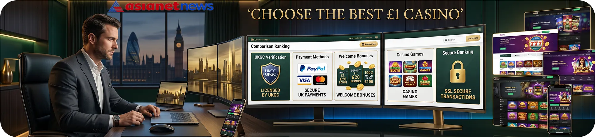 Expert from Asianetnews comparing the best 1 pound casinos on multiple monitors, evaluating UKGC licensing, secure payment methods, and welcome bonus offers