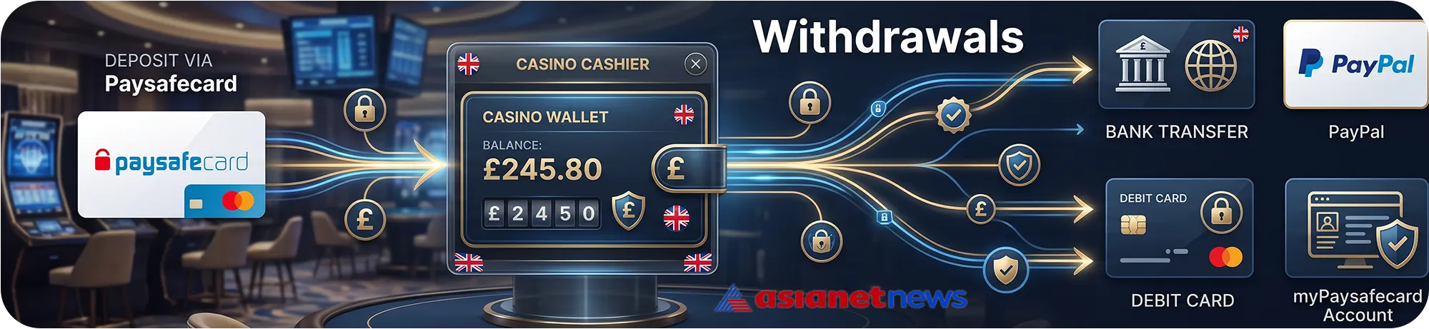 Asianetnews overview of casino withdrawal methods, illustrating the transfer of funds from a digital wallet to bank accounts, PayPal, and myPaysafecard