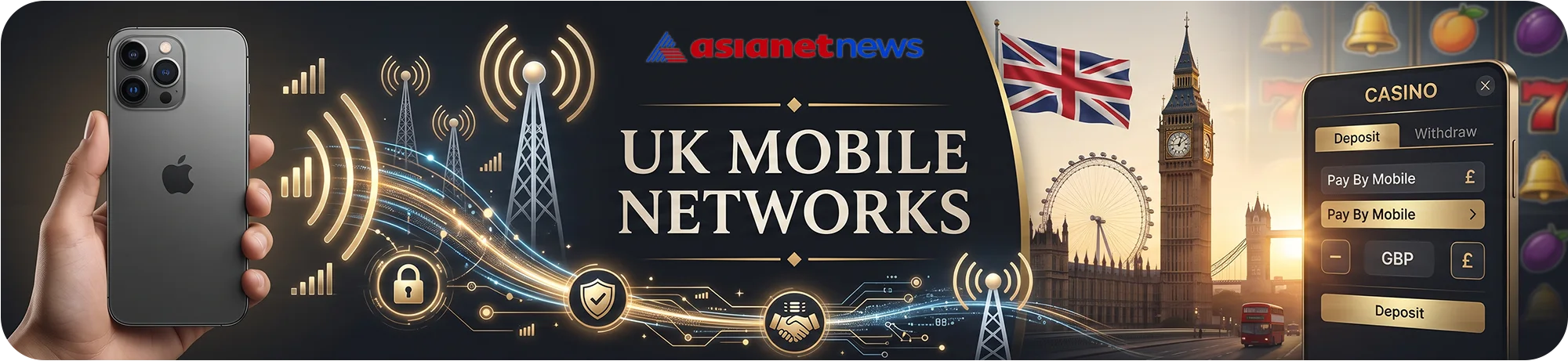 Asianetnews overview of supported UK mobile networks for casino deposits, featuring a smartphone with secure network signals, biometric verification, and a British flag