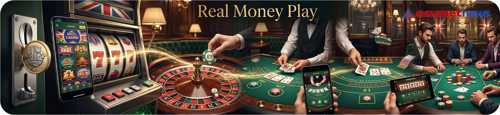 Real money play concept at a British casino, showcasing a roulette wheel, card games like blackjack and baccarat, and a player inserting a pound coin into a classic slot machine
