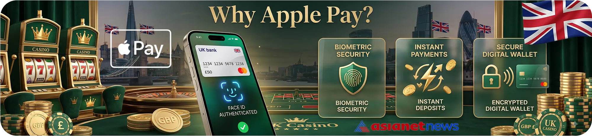 Asianetnews banner highlighting the benefits of Apple Pay casinos, including biometric security, instant payments, and an encrypted digital wallet for secure UK gambling