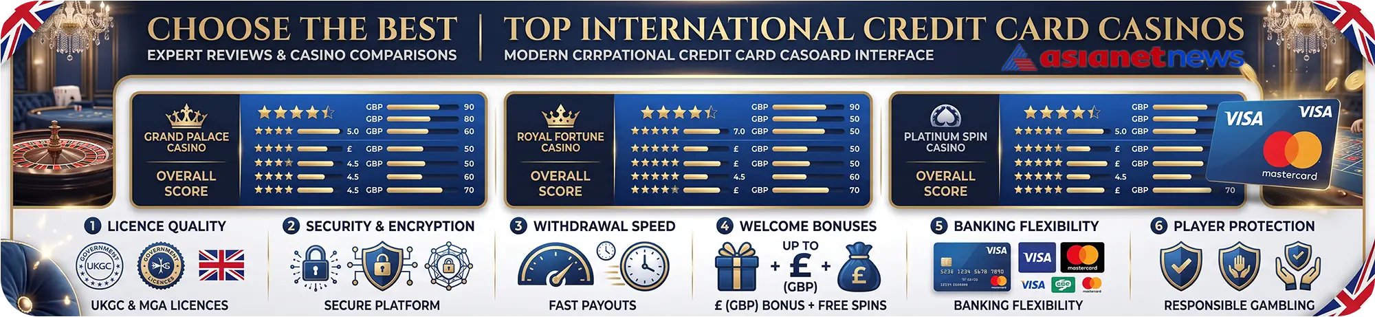 Expert comparison dashboard helping players choose a credit card casino based on licence quality, security encryption, fast payouts, and welcome bonuses