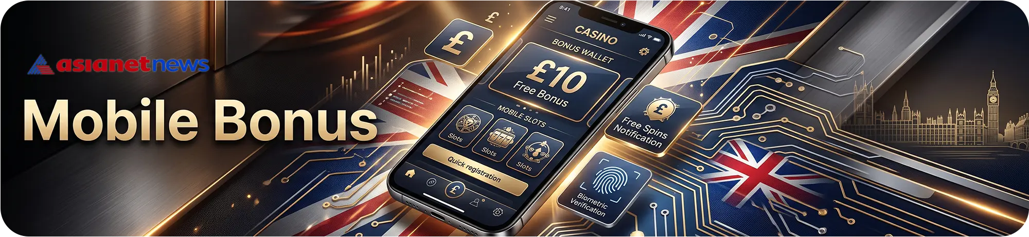 A high-tech mobile bonus concept showing a smartphone with a £10 free bonus, digital circuit board graphics, and biometric verification icons for secure gambling