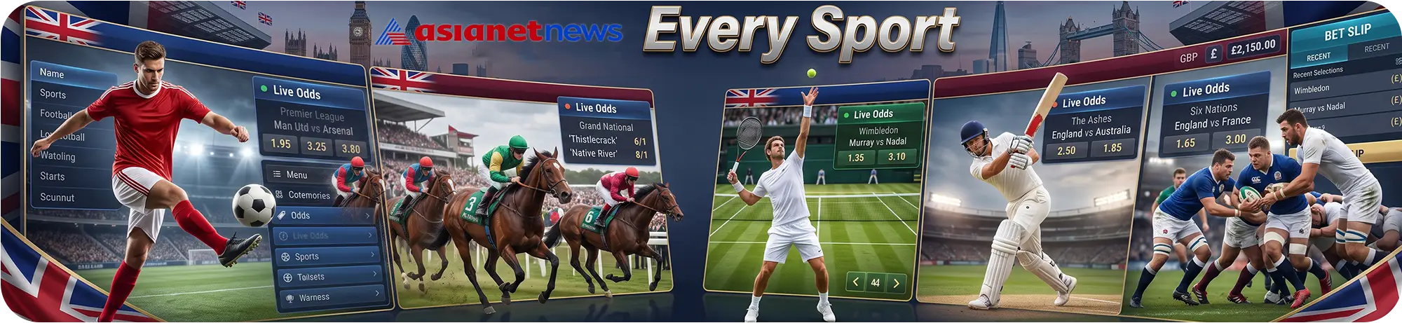 Dynamic display of non-GamStop sports betting markets, featuring action shots and live odds for premier league football, horse racing, tennis, cricket, and rugby