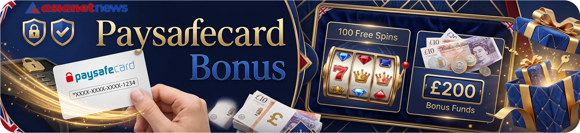 Promotional banner for a Paysafecard bonus, featuring a slot machine with 100 free spins and a blue gift box containing 200 pounds in bonus funds