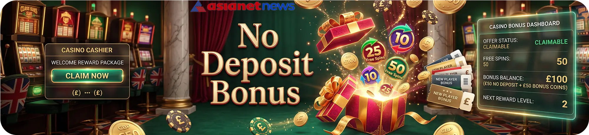 No deposit bonus promotion featuring an open gift box bursting with free spins and bonus coins, displayed next to a player dashboard with claimable rewards