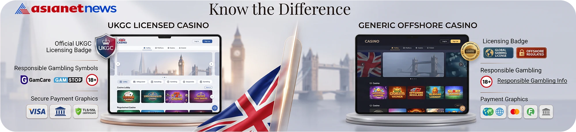 A comparison graphic highlighting the difference between a secure UKGC licensed casino and a generic offshore non-GamStop casino, emphasizing safety and responsible gambling