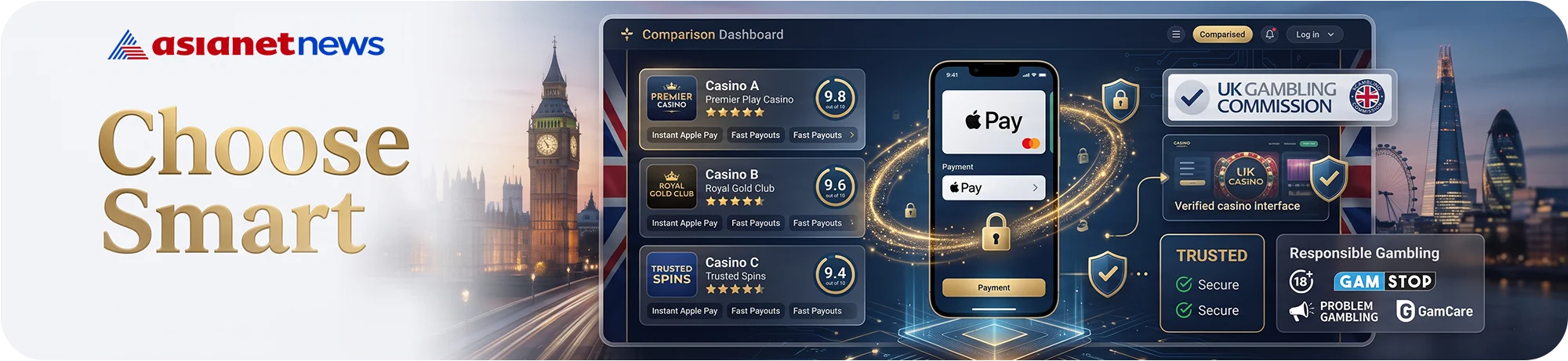 A comparison dashboard for choosing an Apple Pay casino, displaying professional casino ratings, UK Gambling Commission certification, and responsible gambling tools like GamStop