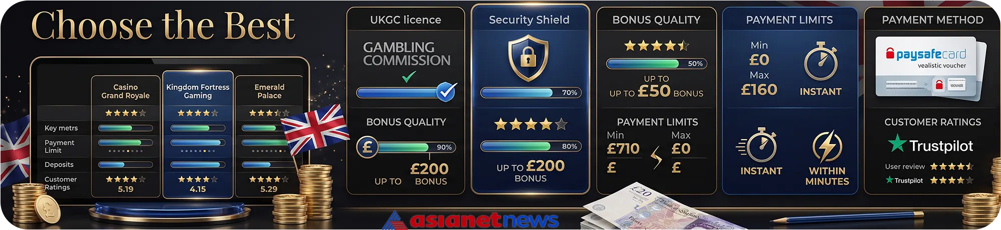Comparison dashboard for top-rated UK casinos, evaluating UKGC licenses, security shields, bonus quality, payment limits, and Trustpilot customer ratings