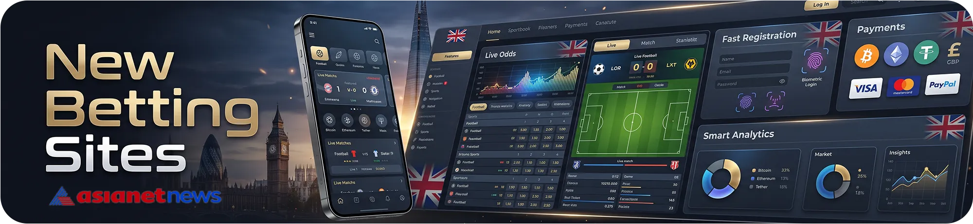 Asianetnews overview of new non-GamStop betting sites, showcasing a modern dashboard with live odds, smart analytics, fast biometric registration, and crypto payment options
