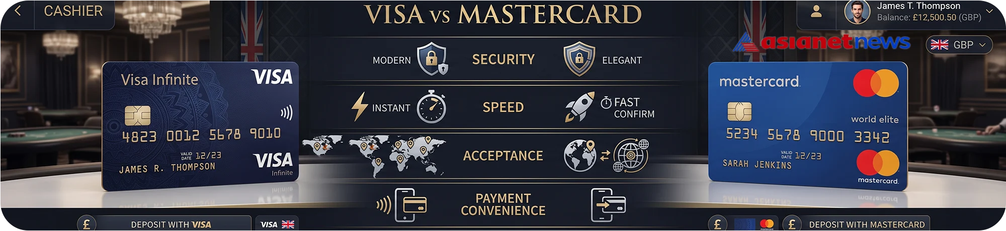 Asianetnews infographic comparing Visa versus Mastercard for online casino deposits, evaluating transaction speed, security, and global payment convenience