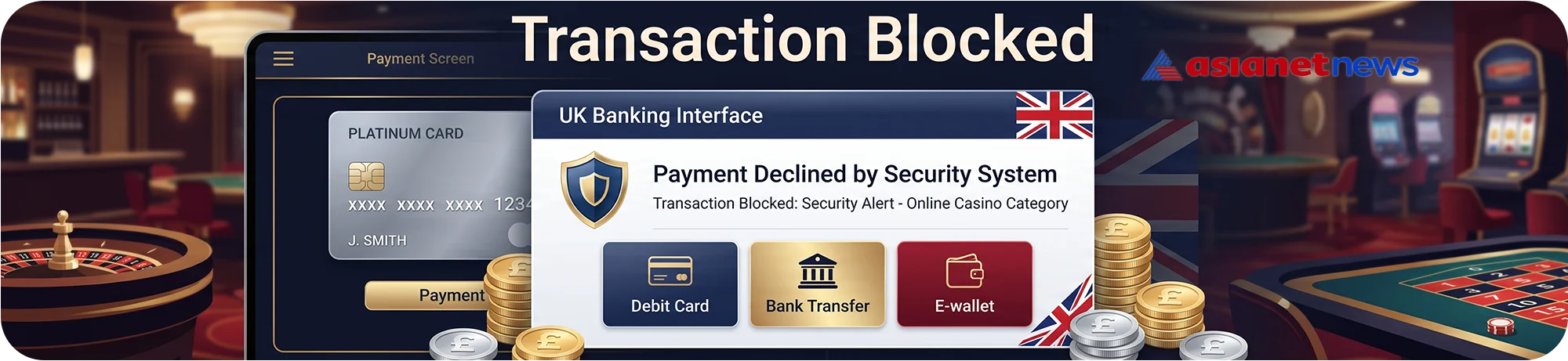 UK banking interface displaying a blocked credit card transaction for the online casino category, prompting the user to select an alternative payment method