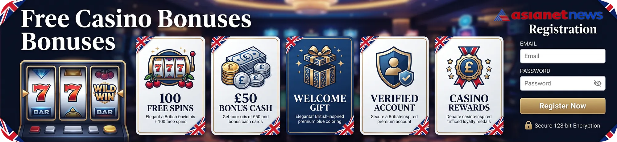 Asianetnews overview of free casino bonuses, displaying offers for free spins and bonus cash next to a secure registration form.