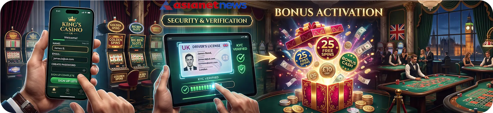 Asianetnews tutorial on security and verification, demonstrating mobile account registration, KYC ID check with a UK driver's license, and subsequent bonus activation