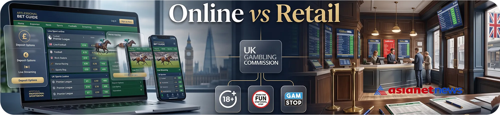 Asianetnews comparison of online versus retail betting shops, featuring a digital sportsbook on a laptop next to a traditional UK betting storefront with UKGC and GamStop logos