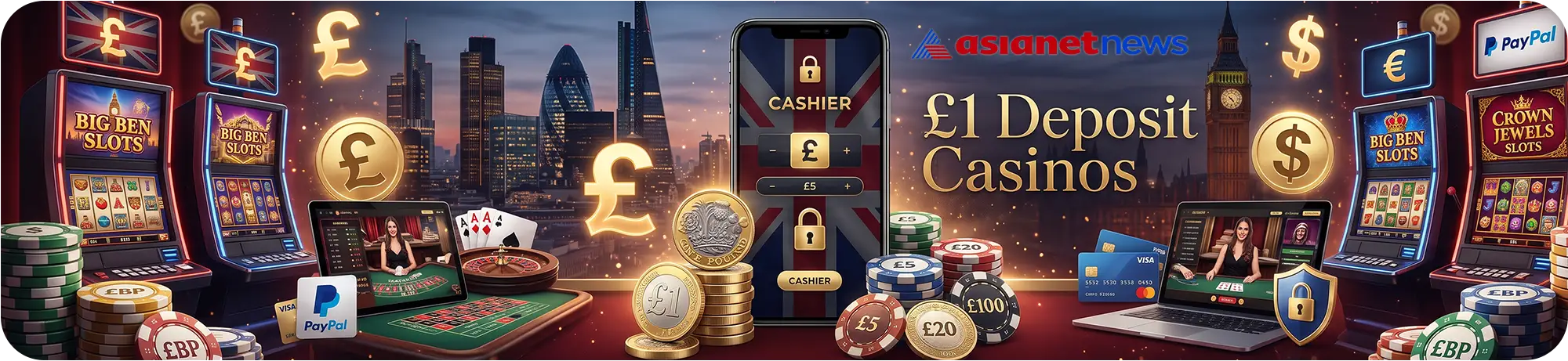 Overview of one pound deposit gambling sites against a nighttime London skyline, featuring various devices, payment options like PayPal, and piles of casino chips