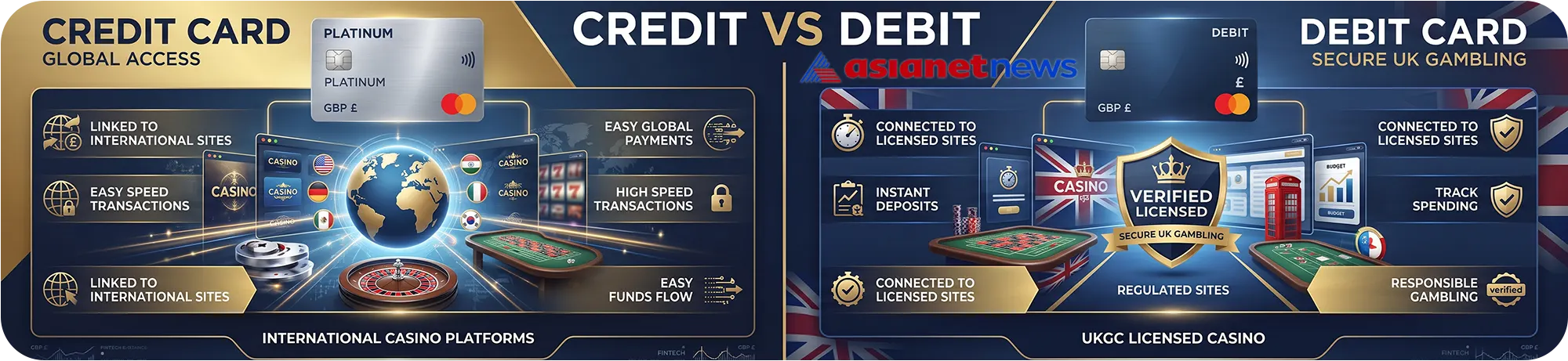 Asianetnews comparison infographic showing credit card global access for international sites versus debit card secure UK gambling at UKGC licensed casinos