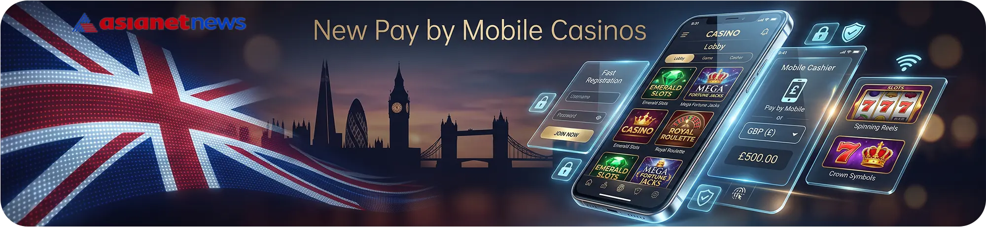 Promotional banner for new pay by mobile casinos in the UK, featuring a smartphone interface with fast registration, mobile cashier options, and popular slot games