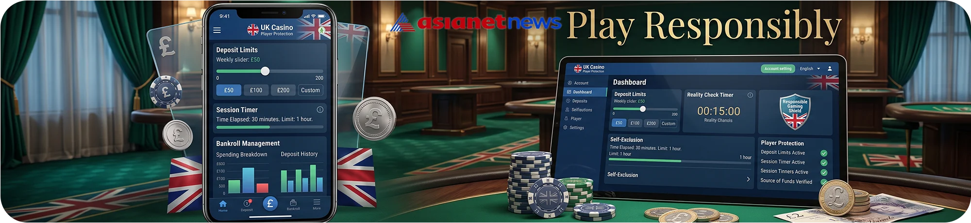 Play responsibly casino dashboard on mobile and tablet, displaying essential player protection tools like deposit limits, session timers, and bankroll management charts