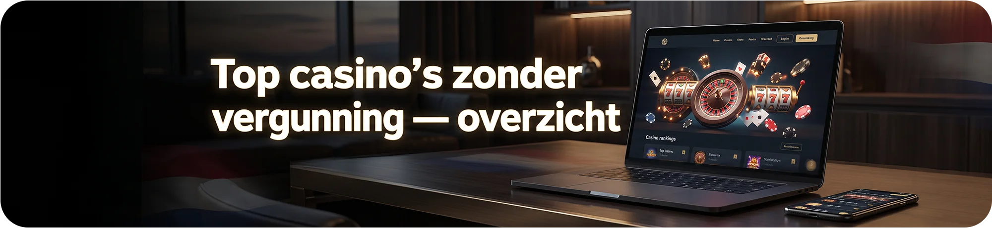 Een laptop op een bureau met een overzicht van de top casino's zonder vergunning, compleet met casinoranglijsten en een virtuele gokkast met een roulette wiel.