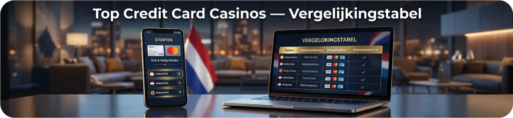 Vergelijkingstabel van de top creditcard casino's in Nederland, weergegeven op een laptop en smartphone met een Nederlandse vlag op de achtergrond