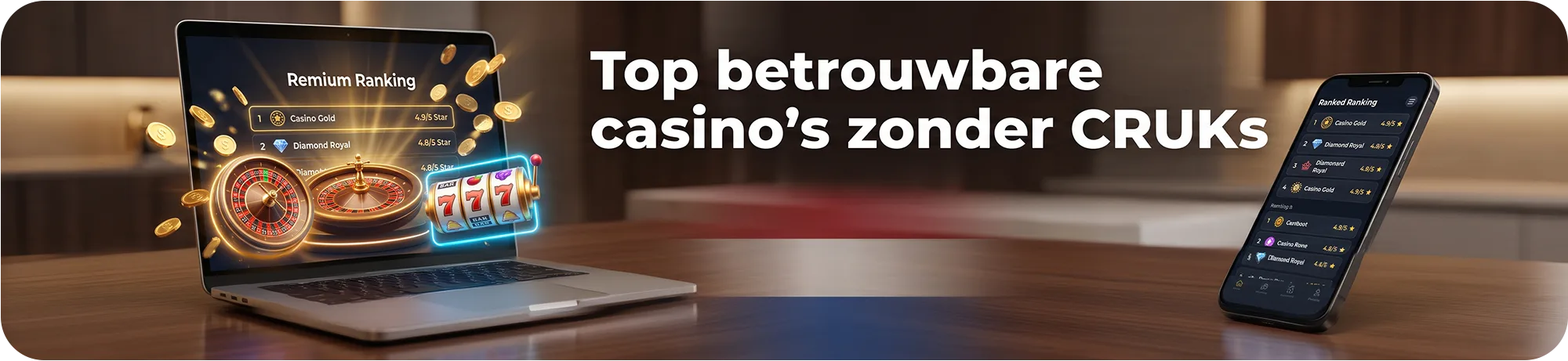 Laptop en smartphone die de top betrouwbare casino's zonder CRUKS tonen, met een ranglijst van goksites, een roulettewiel en gokkast symbolen.