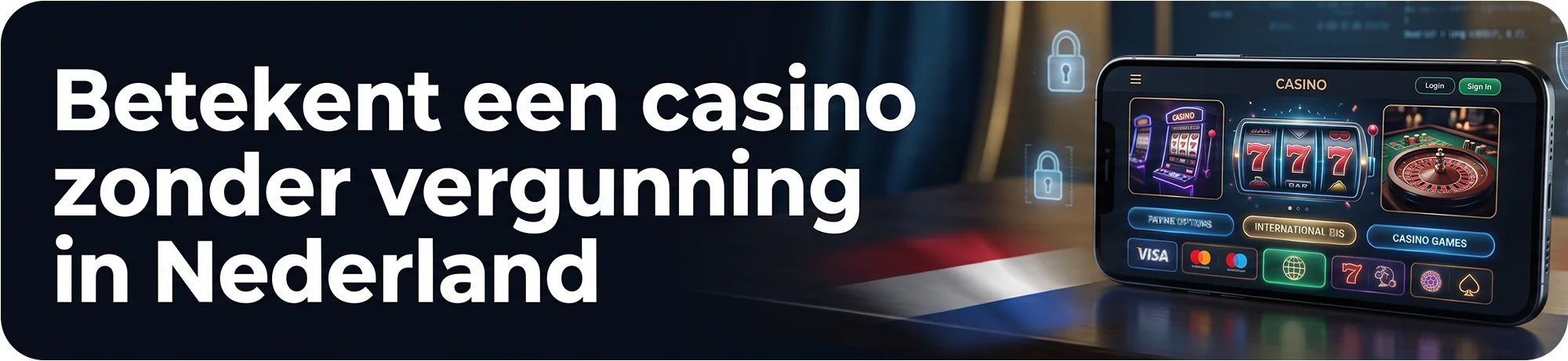 Illustratie die uitlegt wat een casino zonder vergunning in Nederland betekent, met een mobiele interface vol internationale betaalopties en populaire casinospellen.
