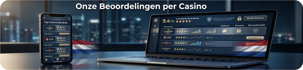 Overzicht van gedetailleerde online casino beoordelingen op een laptop en smartphone, met hoge scores en betrouwbaarheidsindicatoren voor Nederlandse spelers